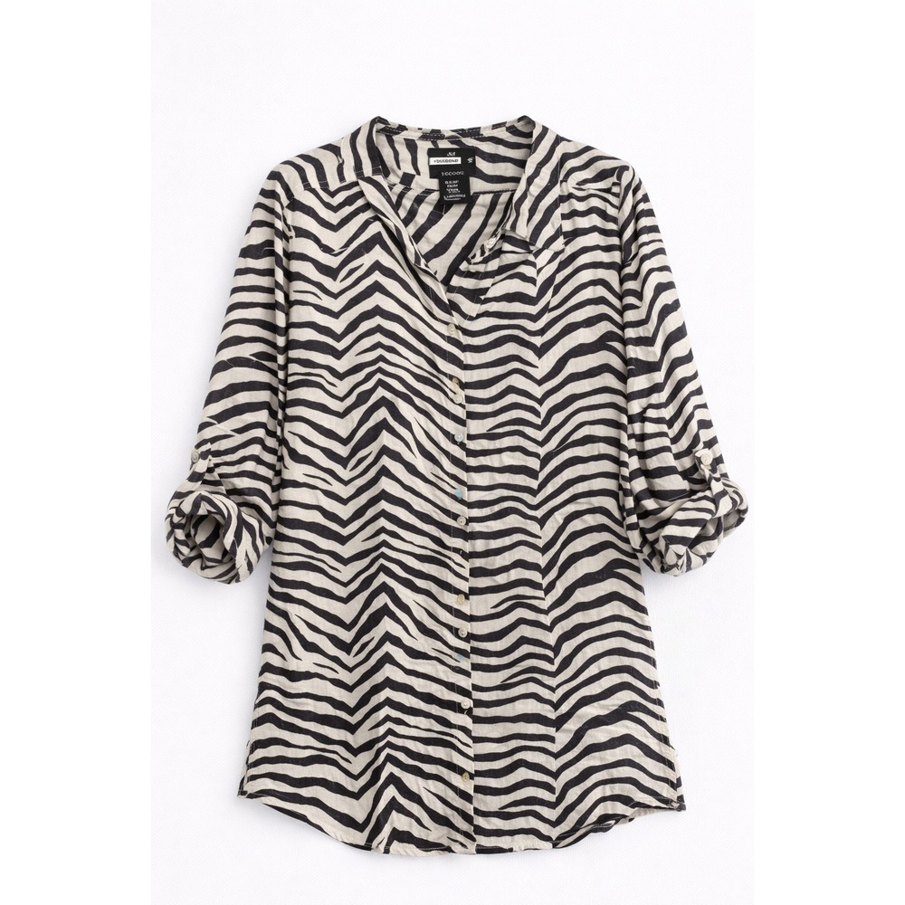 Tahari‎ Linen Zebra Print Button Front Top 1X Black White Lightweight